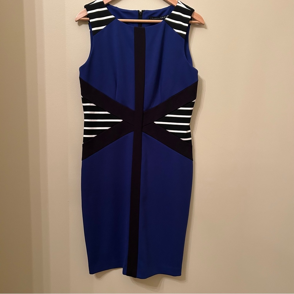 Ivanka Trump‎ Blue and Black Geometric Cocktail Midi Dress Size 10